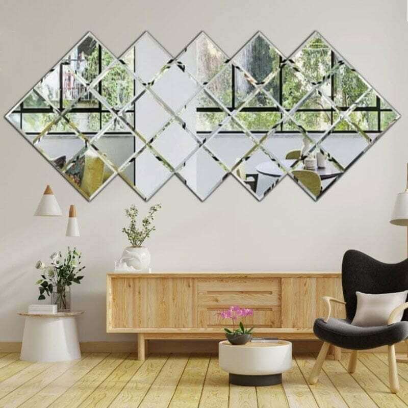Abstract multi-piece diamond mirror wall arrangement Dubai UAE | مرايا دايموند متعددة القطع