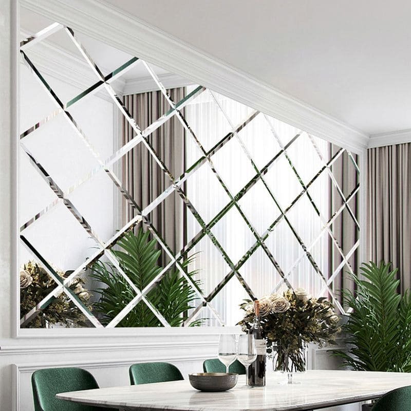 Beveled diamond mirror accent wall installation Dubai UAE | مرآة دايموند بحواف مشطوفة